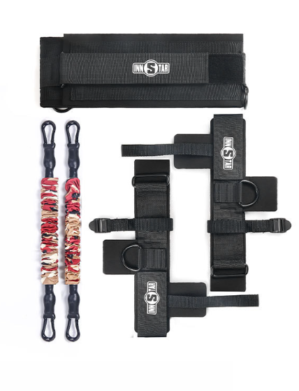 Set of black tactical straps and lanyards with visible branding on a white background